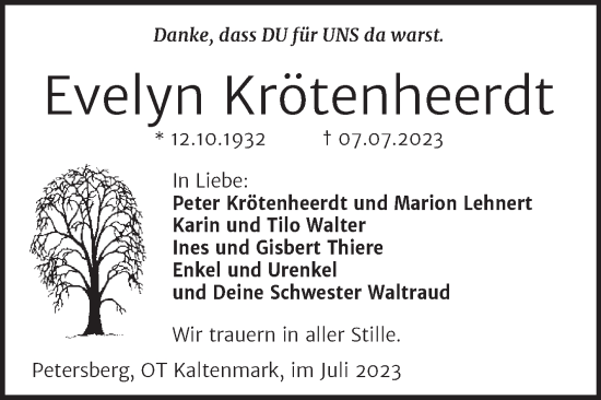 Traueranzeige von Evelyn Krötenheerdt von Mitteldeutsche Zeitung Halle/Saalkreis