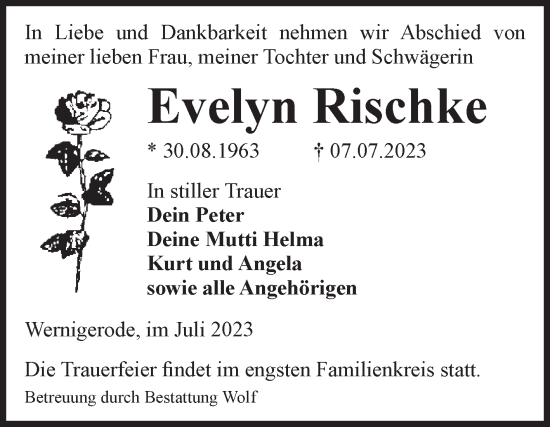 Traueranzeige von Evelyn Rischke von Volksstimme Wernigerode