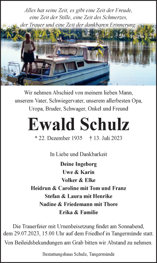 Traueranzeige von Ewald Schulz von Volksstimme Altmark Ost