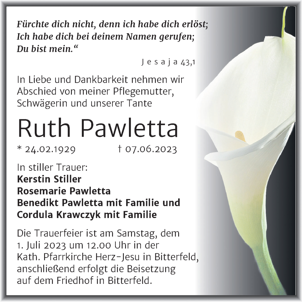  Traueranzeige für Ruth Pawletta vom 24.06.2023 aus TRAUERKOMBI BITTERFELD