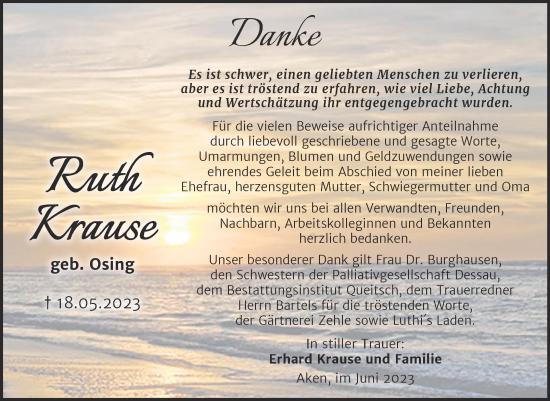 Traueranzeige von Ruth Krause von Trauerkombi Köthen