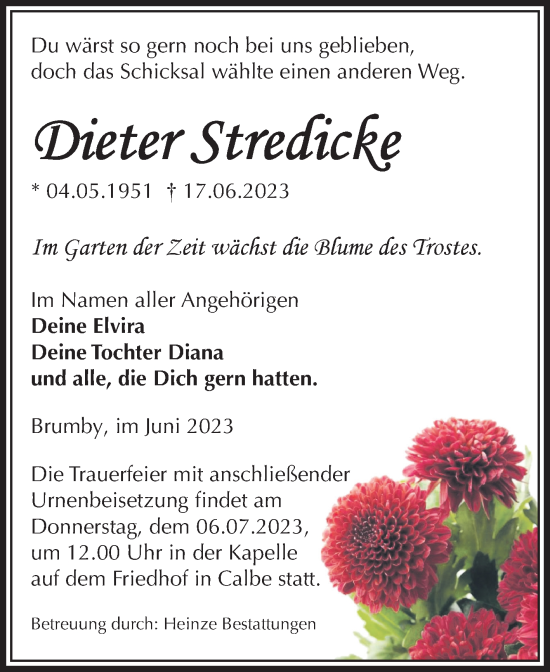 Traueranzeige von Dieter Stredicke von Volksstimme Schönebeck