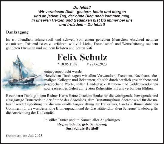 Traueranzeige von Felix Schulz von Volksstimme Burg/Genthin