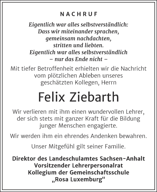Traueranzeige von Felix Ziebarth von Super Sonntag Wittenberg