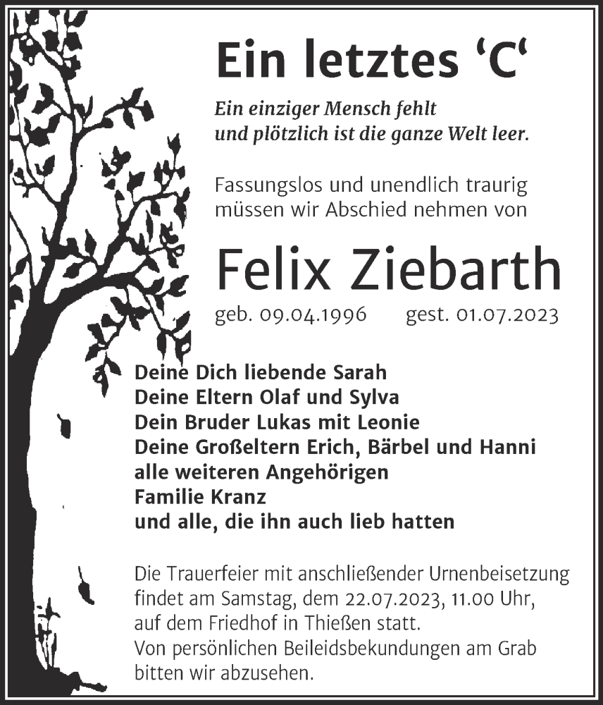  Traueranzeige für Felix Ziebarth vom 08.07.2023 aus Trauerkombi Wittenberg