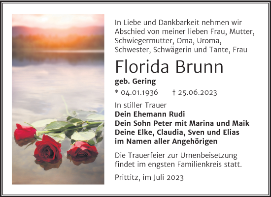 Traueranzeige von Florida Brunn von Mitteldeutsche Zeitung Weißenfels
