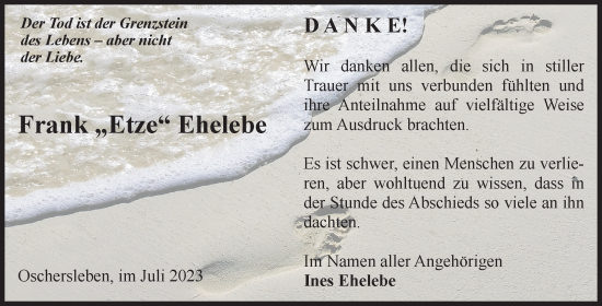 Traueranzeige von Frank Ehelebe von Volksstimme Oschersleben/Wanzleben