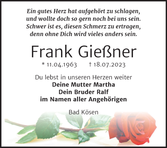 Traueranzeige von Frank Gießner von Naumburger Tageblatt