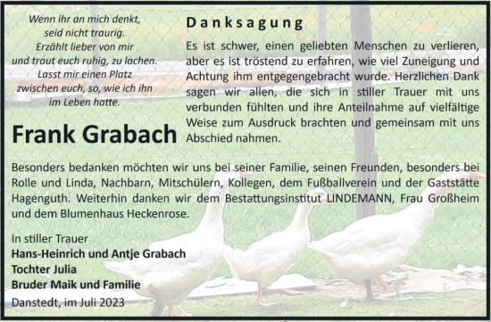 Traueranzeige von Frank Grabach von Volksstimme Halberstadt