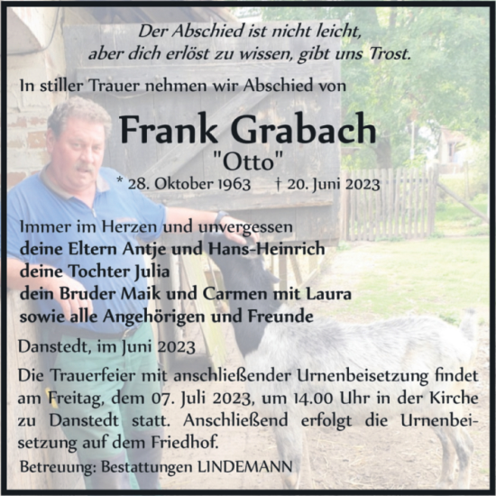 Traueranzeige von Frank Grabach von Volksstimme Halberstadt