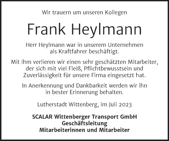 Traueranzeige von Frank Heylmann von Super Sonntag Wittenberg