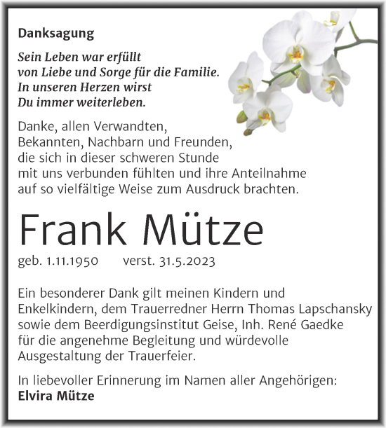 Traueranzeige von Frank Mütze von Trauerkombi Dessau