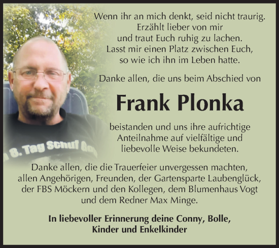 Traueranzeige von Frank Plonka von Volksstimme Burg/Genthin
