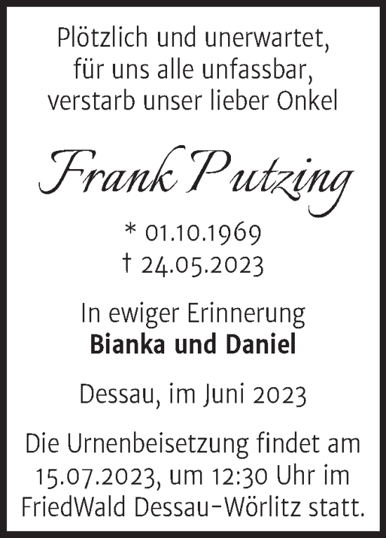 Traueranzeige von Frank Putzing von Trauerkombi Dessau