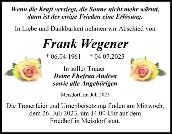 Traueranzeige von Frank Wegener von Trauerkombi Quedlinburg