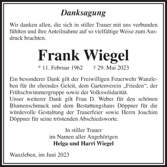 Traueranzeige von Frank Wiegel von Volksstimme Oschersleben/Wanzleben