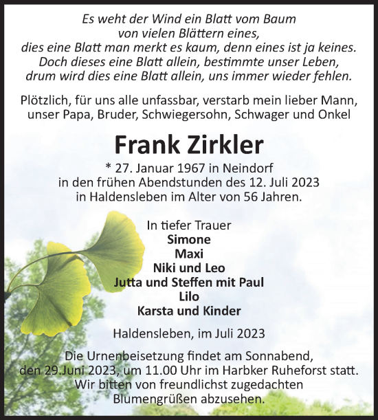 Traueranzeige von Frank Zirkler von Volksstimme Oschersleben/Wanzleben