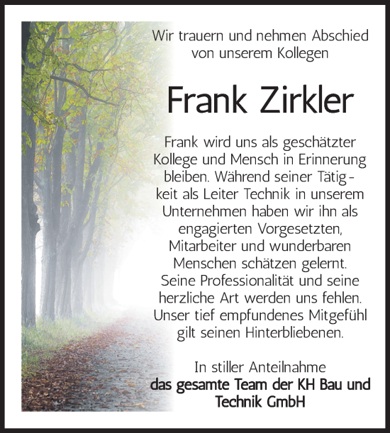 Traueranzeige von Frank Zirkler von Volksstimme Oschersleben/Wanzleben