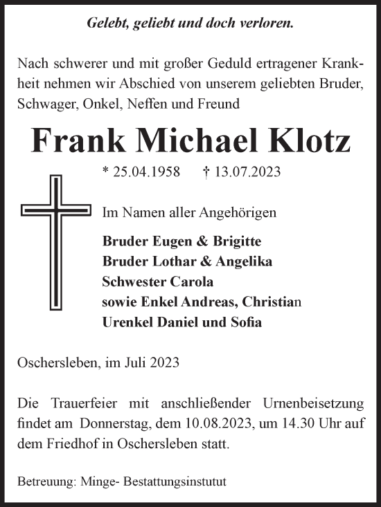 Traueranzeige von Frank Michael Klotz von Volksstimme Oschersleben/Wanzleben