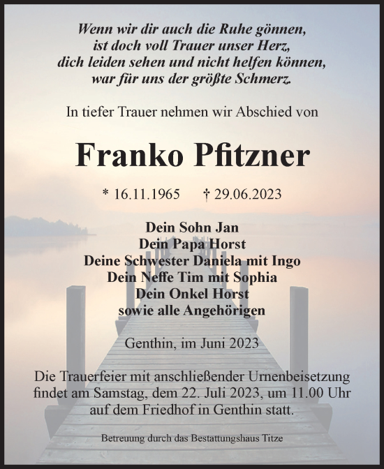Traueranzeige von Franko Pfitzner von Volksstimme Burg/Genthin