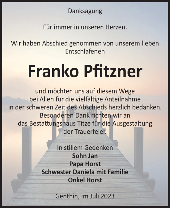 Traueranzeige von Franko Pfitzner von Volksstimme Burg/Genthin