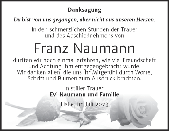 Traueranzeige von Franz Naumann von Mitteldeutsche Zeitung Halle/Saalkreis