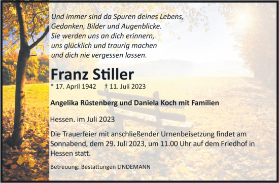 Traueranzeige von Franz Stiller von Volksstimme Halberstadt