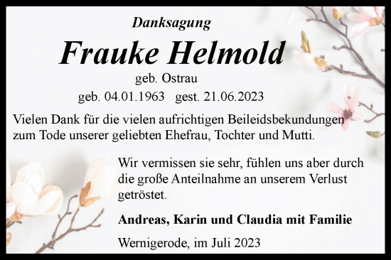 Traueranzeige von Frauke Helmold von Volksstimme Wernigerode
