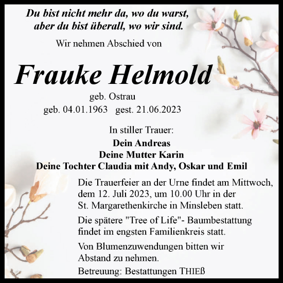 Traueranzeige von Frauke Helmold von Volksstimme Wernigerode