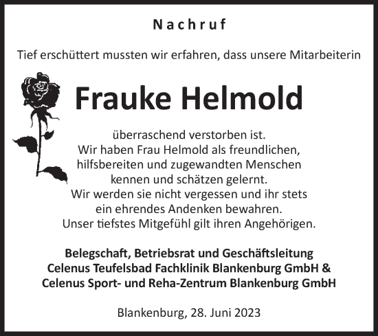 Traueranzeige von Frauke Helmold von Volksstimme Wernigerode