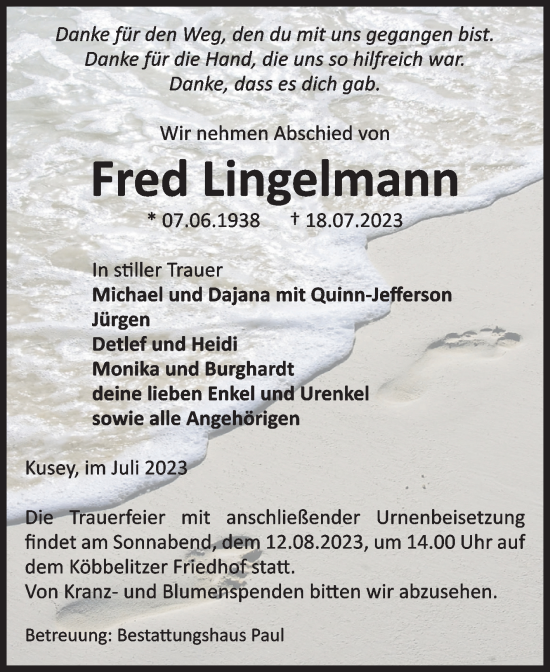 Traueranzeige von Fred Lingelmann von Volksstimme Altmark West