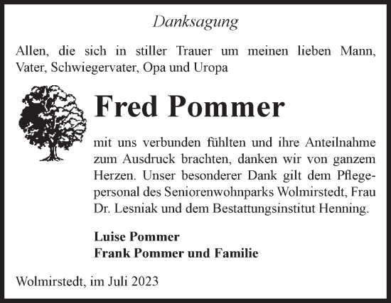 Traueranzeige von Fred Pommer von Volksstimme Haldensleben/Wolmirstedt