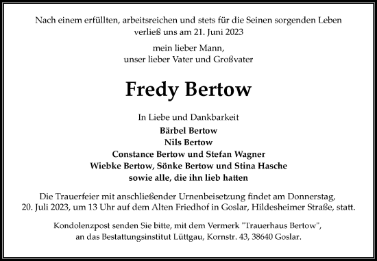 Traueranzeige von Fredy Bertow von Mitteldeutsche Zeitung Quedlingburg
