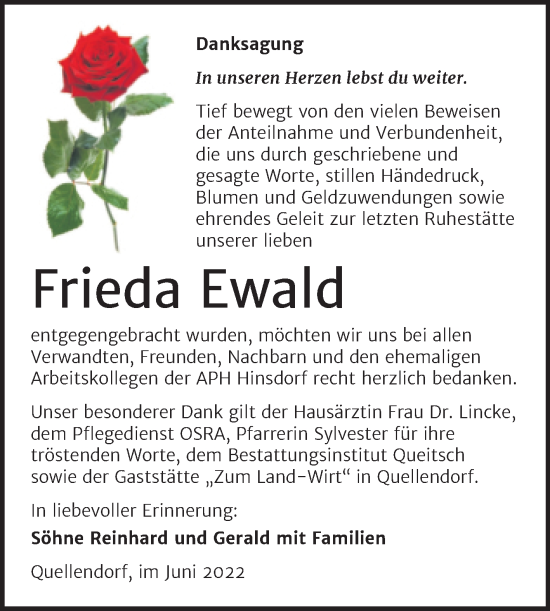 Traueranzeige von Frieda Ewald von Trauerkombi Köthen