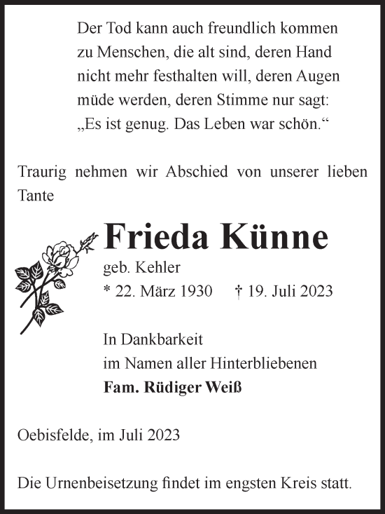 Traueranzeige von Frieda Künne von Volksstimme Altmark West