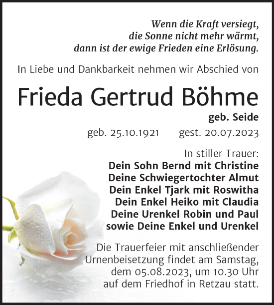 Traueranzeige von Frieda Gertrud Böhme von Trauerkombi Bitterfeld