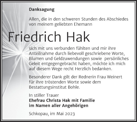 Traueranzeige von Friedrich Hak von Trauerkombi Merseburg