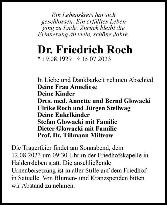Traueranzeige von Friedrich Roch von Volksstimme Haldensleben/Wolmirstedt
