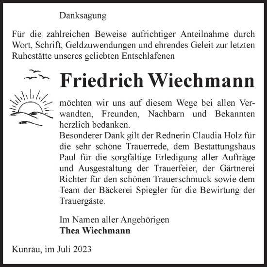 Traueranzeige von Friedrich Wiechmann von Volksstimme Altmark West