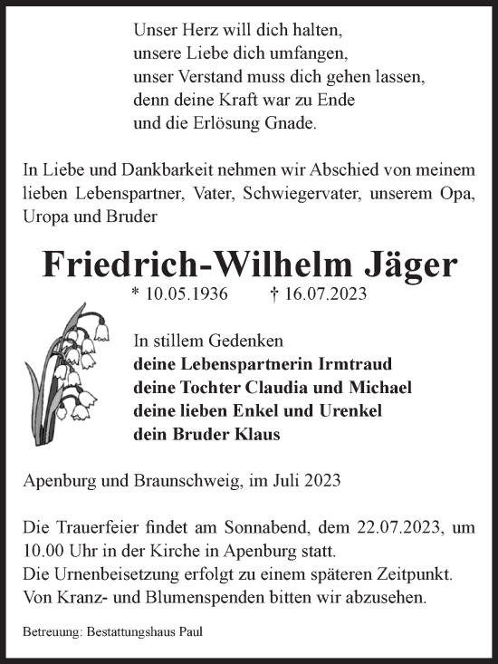 Traueranzeige von Friedrich-Wilhelm Jäger von Volksstimme Altmark West