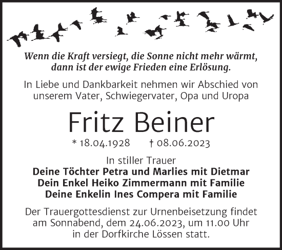 Traueranzeige von Fritz Beiner von Trauerkombi Merseburg