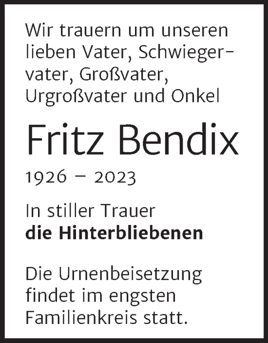 Traueranzeige von Fritz Bendix von Trauerkombi Bernburg