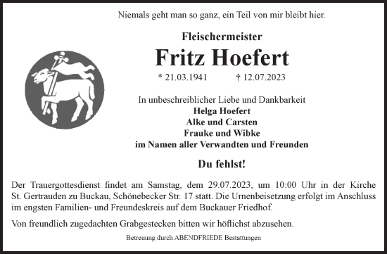 Traueranzeige von Fritz Hoefert von Volksstimme Magdeburg