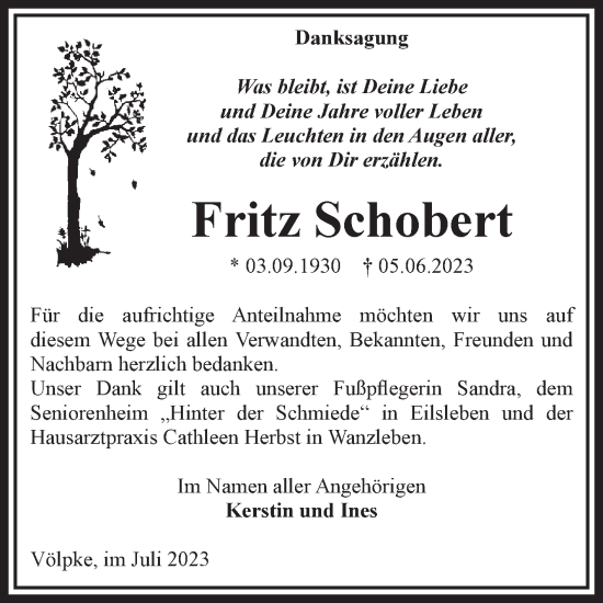 Traueranzeige von Fritz Schobert von Volksstimme Oschersleben/Wanzleben