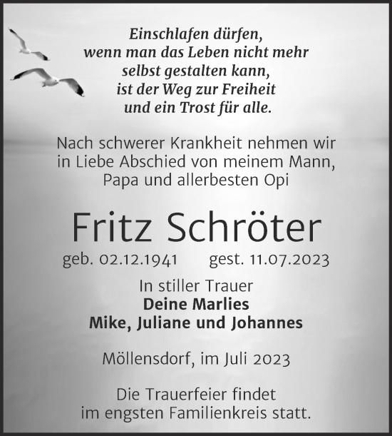 Traueranzeige von Fritz Schröter von Trauerkombi Wittenberg