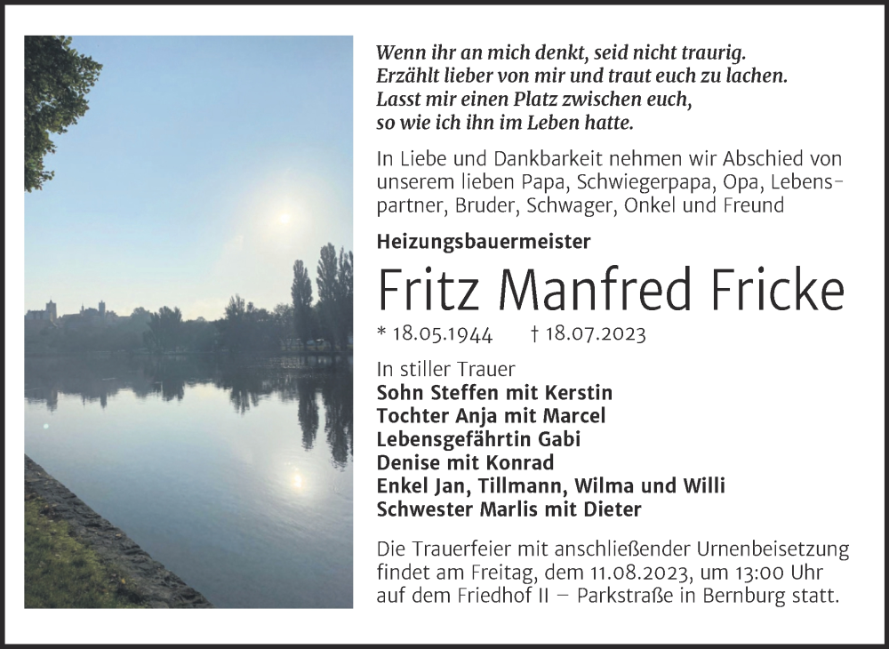  Traueranzeige für Fritz Manfred Fricke vom 29.07.2023 aus Trauerkombi Bernburg