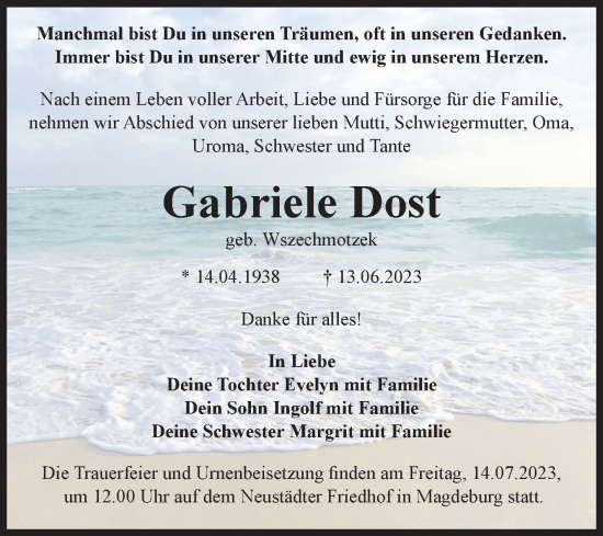 Traueranzeige von Gabriele Dost von Volksstimme Magdeburg