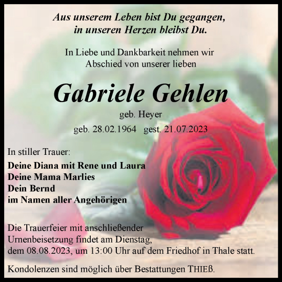 Traueranzeige von Gabriele Gehlen von Trauerkombi Quedlinburg