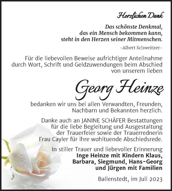 Traueranzeige von Georg Heinze von Trauerkombi Quedlinburg