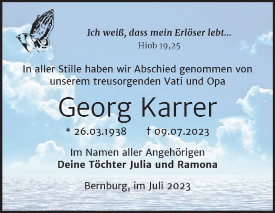 Traueranzeige von Georg Karrer von Trauerkombi Bernburg